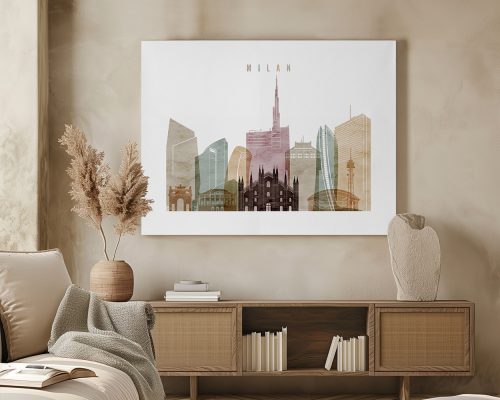 Artistic representation of Milan's skyline featuring various buildings and structures in muted colors.
