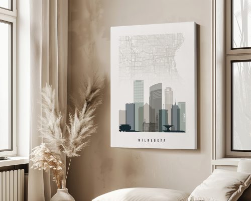 Map of Milwaukee with a stylized skyline illustration and key landmarks in a minimalist design.
