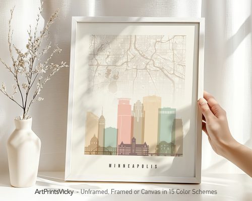 Art print of a map of Minneapolis with a stylized skyline illustration in soft colors.