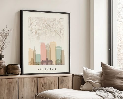 Art print of a Minneapolis city map with a skyline illustration in muted colors.