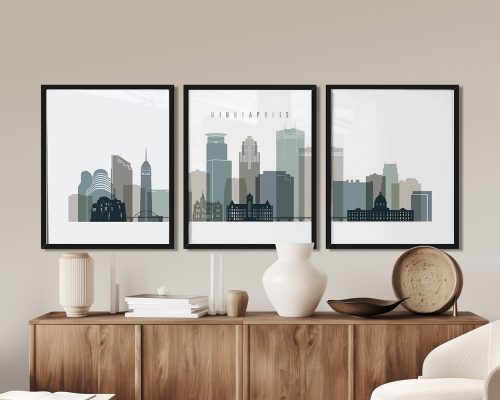 Three framed art prints depicting the skyline of Minneapolis in a minimalist style.