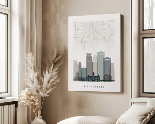 Artistic representation of Minneapolis skyline with a map background in muted colors.