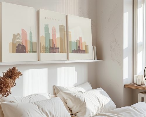 Three canvas prints of the Minneapolis skyline featuring various buildings in muted colors.