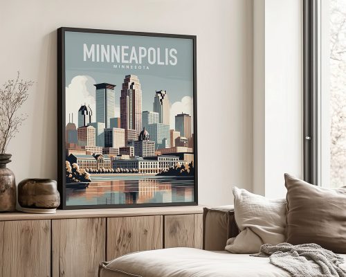 Framed artwork depicting the skyline of Minneapolis, Minnesota with a reflection in the water.