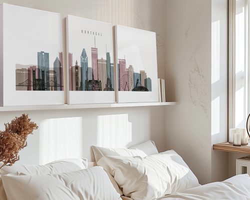 Three framed artworks depicting a stylized cityscape of Montreal on a shelf above a bed.