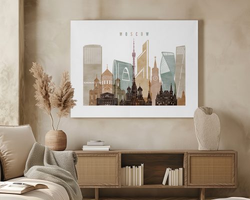 Artistic representation of Moscow's skyline featuring notable buildings and structures.