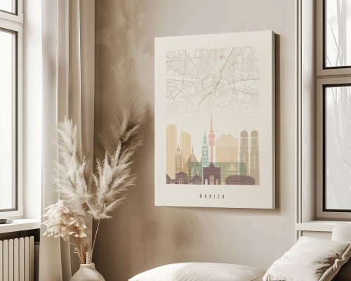 Illustrated map of Munich featuring key landmarks and buildings in a detailed design.