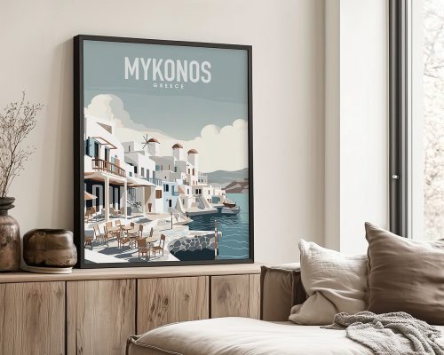 Framed art print of Mykonos featuring buildings and boats by the water.