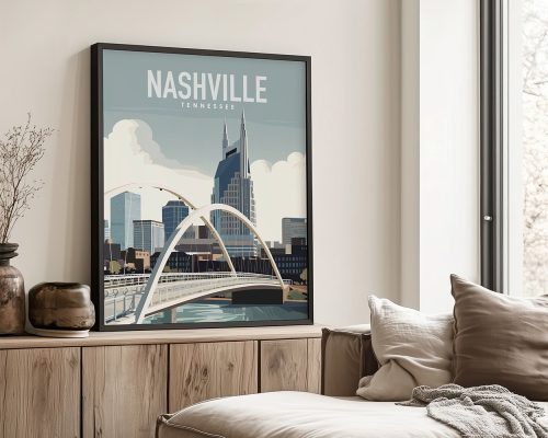 Art print featuring a stylized illustration of Nashville, Tennessee with a bridge and skyline.