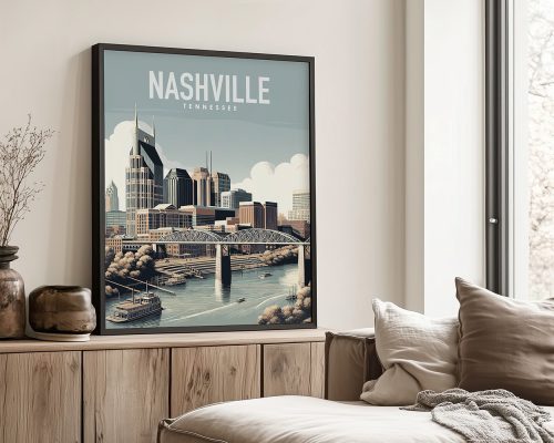 Framed print of Nashville skyline featuring buildings and a bridge over the river.