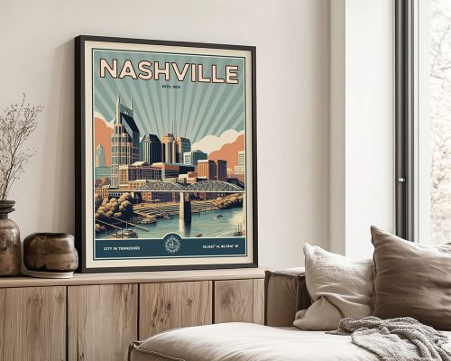 Framed poster of Nashville city skyline with a vintage design and sunburst background.