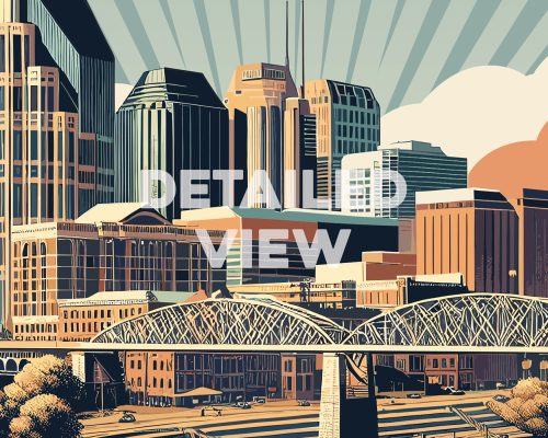 Artistic representation of Nashville skyline with a bridge and buildings in the background.