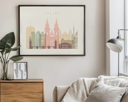 Art print of a cityscape featuring notable buildings from Prague in pastel colors.