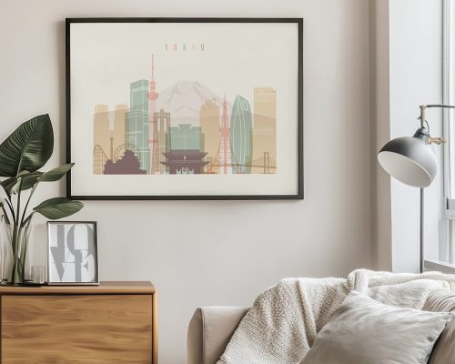 Art print of a stylized Tokyo cityscape featuring notable buildings and Mount Fuji in the background.