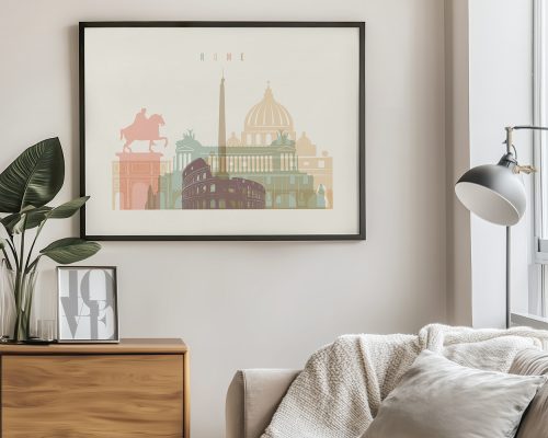 Art print featuring iconic landmarks of Rome, including the Colosseum and St. Peter's Basilica.