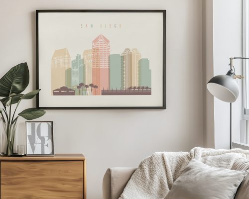 Art print of a San Diego city skyline featuring various buildings in pastel colors.
