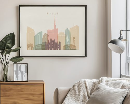 Framed artwork depicting a stylized cityscape of Milan with notable buildings and a light background.