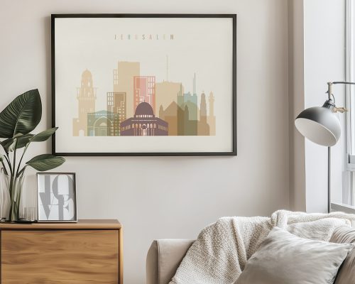 Stylized cityscape artwork of Jerusalem featuring various architectural structures in muted colors.