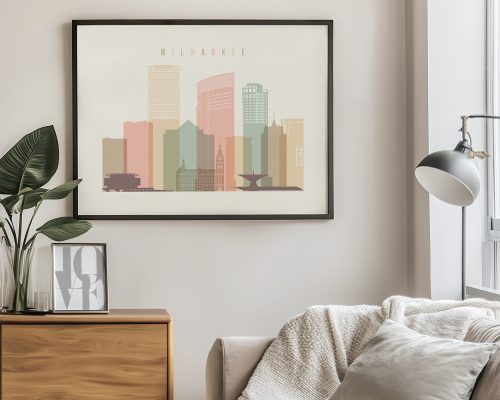 Art print of Milwaukee skyline featuring various buildings in pastel colors.