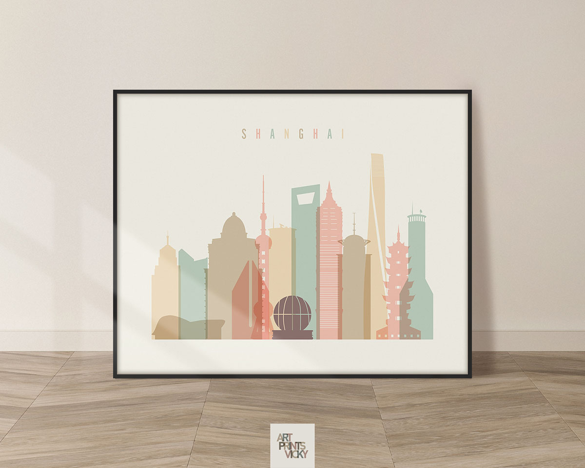 Stylized illustration of the Shanghai city skyline with various iconic buildings and structures.
