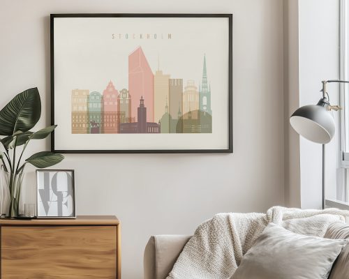 Art print featuring a stylized cityscape of Stockholm with various building silhouettes.