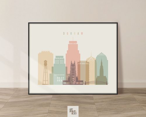 Art print of a stylized cityscape featuring buildings from Durham, North Carolina.