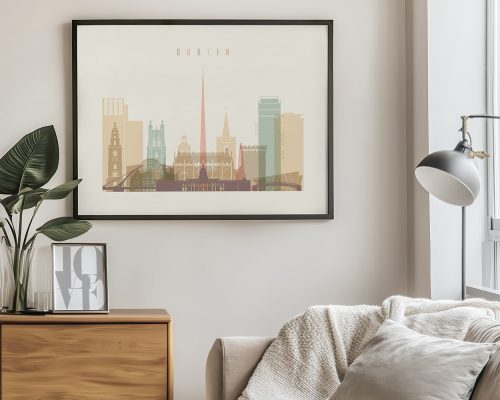 Dublin modern cityscape horizontal wall art poster in warm pastels featuring city’s iconic landmarks. Available in 18 color schemes framed, unframed or canvas by ArtPrintsVicky.