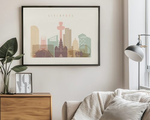 Art print featuring a stylized cityscape of Liverpool with notable buildings and landmarks.