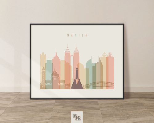 Stylized illustration of Manila's skyline featuring various buildings in pastel colors.
