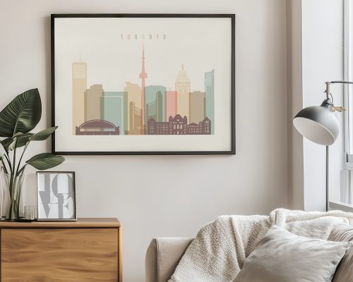 Illustration of Toronto skyline with notable buildings and the CN Tower in a framed print.