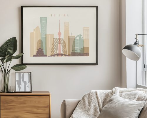 Framed illustration of Beijing's skyline featuring various modern buildings and landmarks.