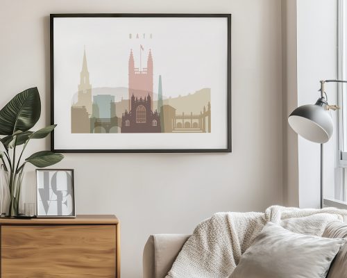 Framed artwork depicting a cityscape of Bath with notable buildings and structures.