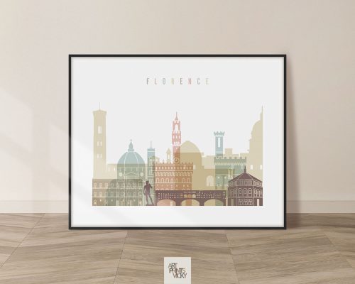 Illustration of Florence's skyline featuring notable buildings and landmarks in soft colors.