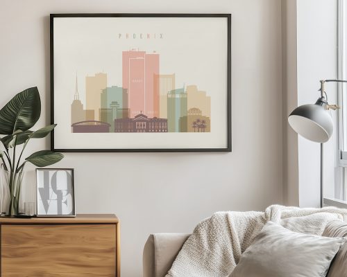 Illustration of a cityscape featuring buildings in Phoenix, Arizona, with the word 'PHOENIX' at the top.