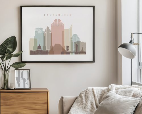 Sacramento modern cityscape horizontal wall art poster in smooth pastels featuring city’s iconic landmarks. Available in 18 color schemes framed, unframed or canvas by ArtPrintsVicky.
