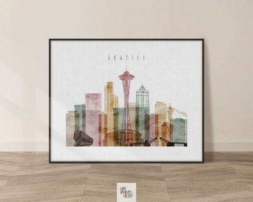 Art print featuring a watercolor cityscape of Seattle with the Space Needle and skyline.