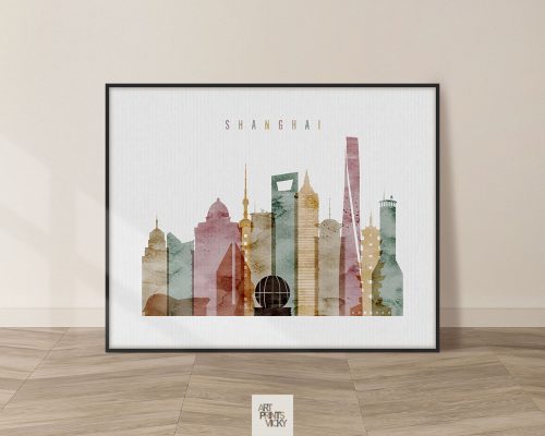 Art print featuring a silhouette of the Shanghai skyline in various colors.