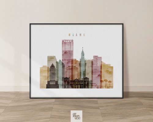 Art print featuring a watercolor-style cityscape of Miami with various building silhouettes.