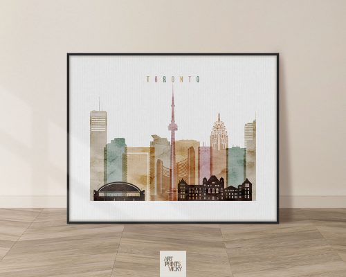 Art print of Toronto skyline featuring iconic buildings and structures in a watercolor style.