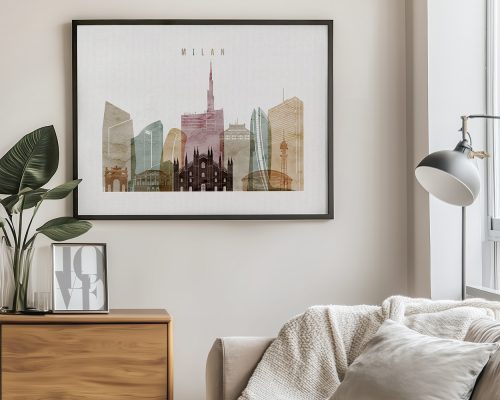 Framed artwork depicting a cityscape of Milan with various buildings and structures in soft colors.