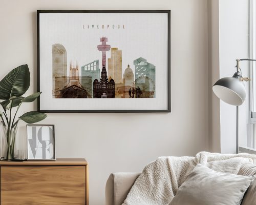 Framed artwork depicting a cityscape of Liverpool with various buildings and landmarks.