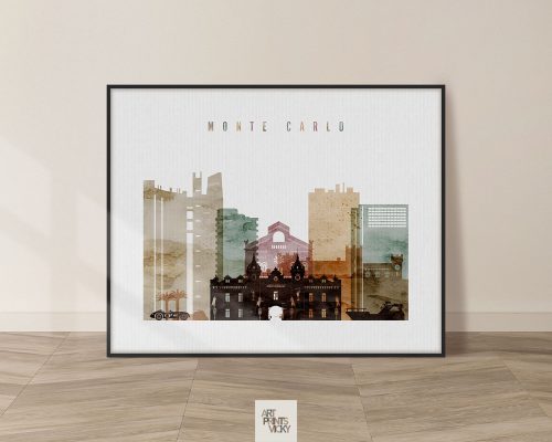 Art print featuring a silhouette of Monte Carlo buildings with a watercolor effect.