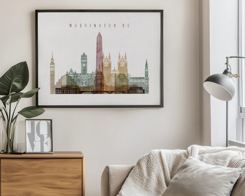 Framed cityscape print of Washington DC featuring notable buildings and monuments in a minimalist style.