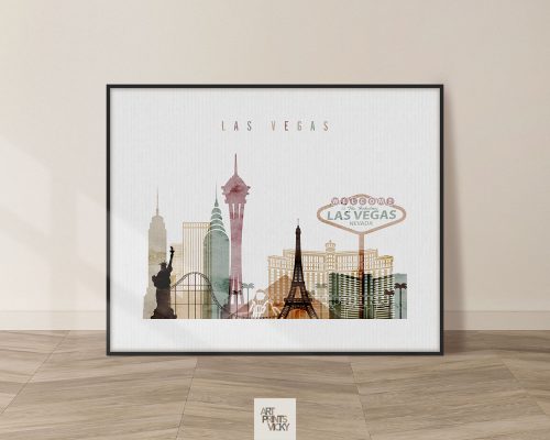 Art print featuring a stylized cityscape of Las Vegas with iconic landmarks.