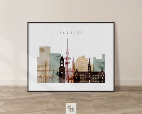 Art print featuring a stylized cityscape of Hamburg with notable buildings and structures.