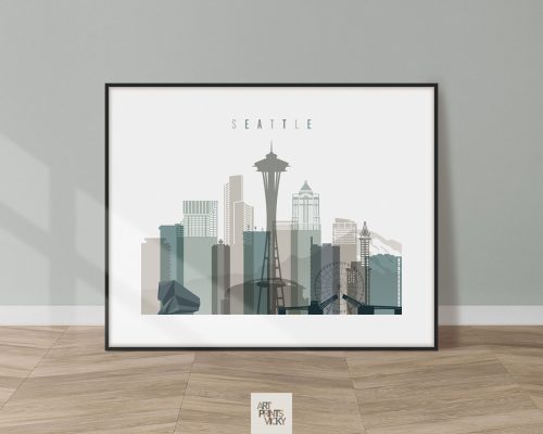 Framed print of a Seattle cityscape featuring the Space Needle and skyline elements.