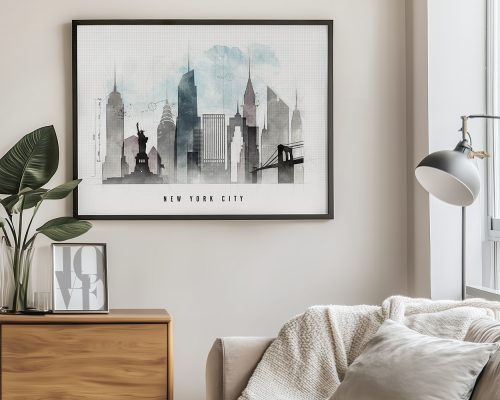Framed art print of the New York City skyline featuring notable buildings and landmarks.