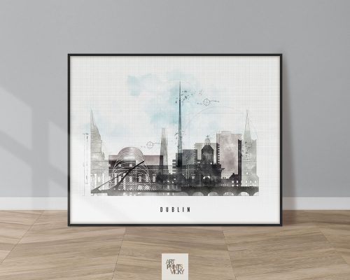 Artistic representation of Dublin's skyline with various buildings and a bridge.