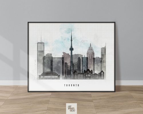 Art print depicting the Toronto skyline with notable buildings and the CN Tower.