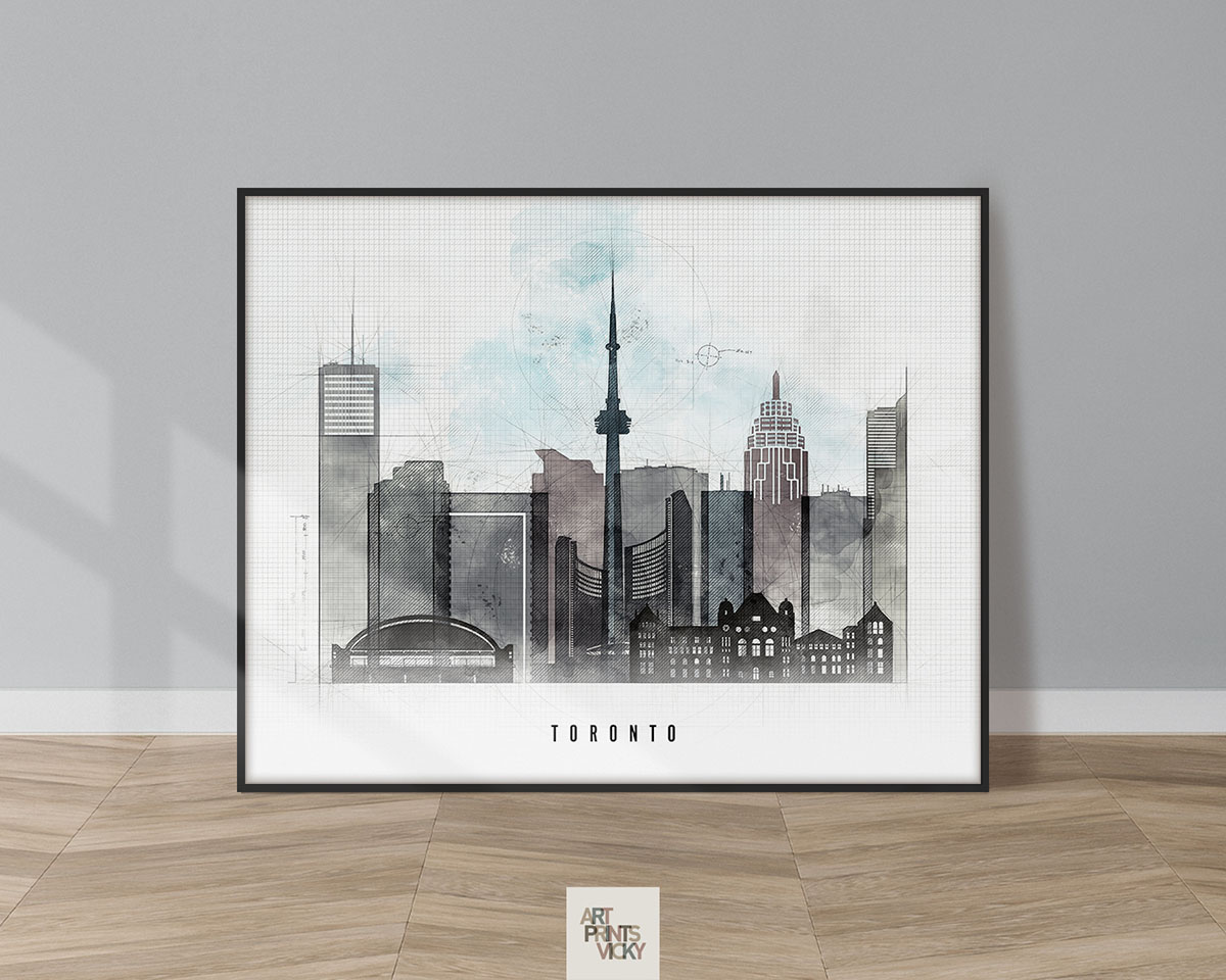 Art print depicting the Toronto skyline with notable buildings and the CN Tower.
